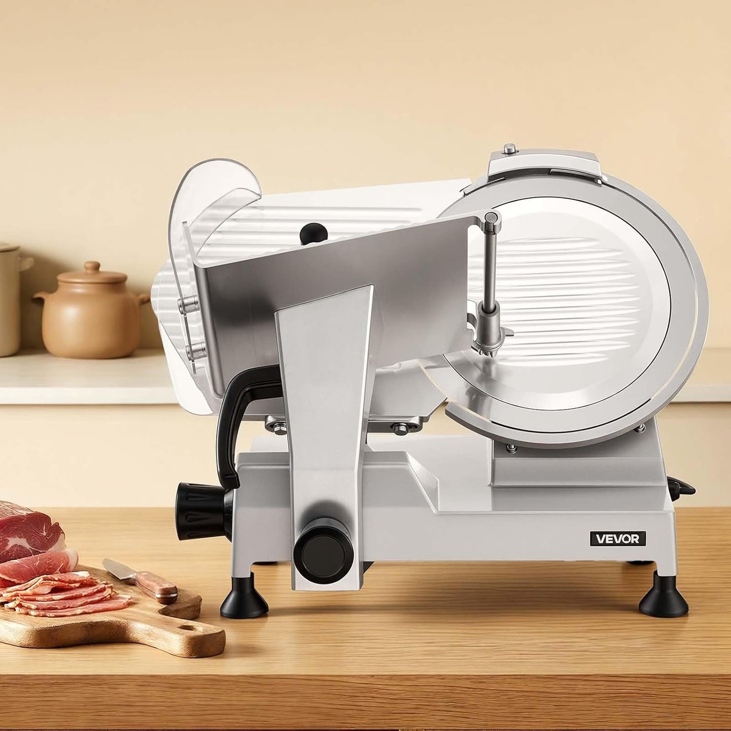 VEVOR Fully Automatic Meat Slicer, 180W + 370W Commercial Food-Slicer with 10" Carbon Steel Blade, Built-In Sharpener & 0-0.3" Adjustable Thickness for Frozen Meat, Ham, Baguett, Steak