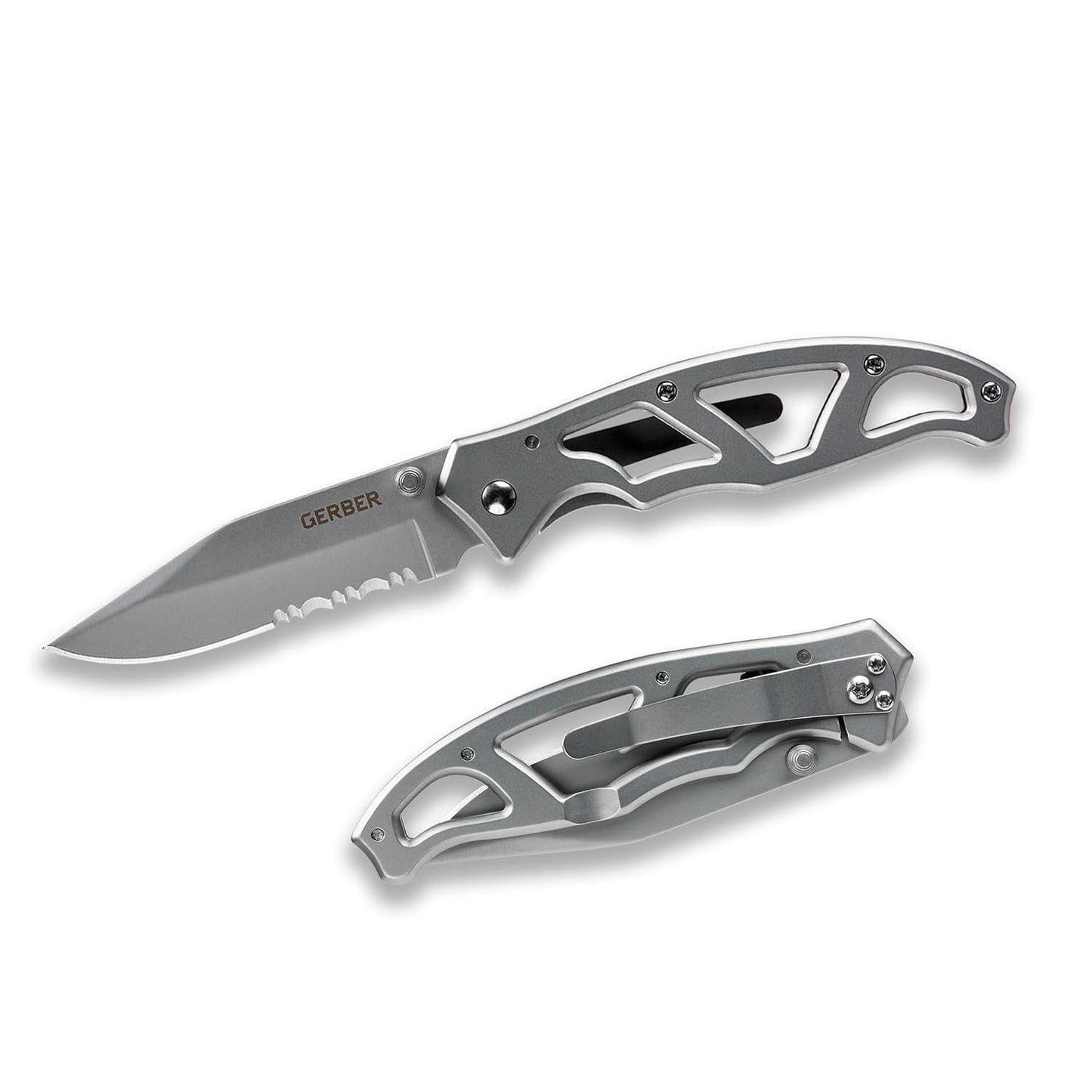 Gerber Gear Paraframe I EDC Folding Pocket Knife, 3" Serrated Edge with Safety Frame Lock, Stainless Steel, Grey