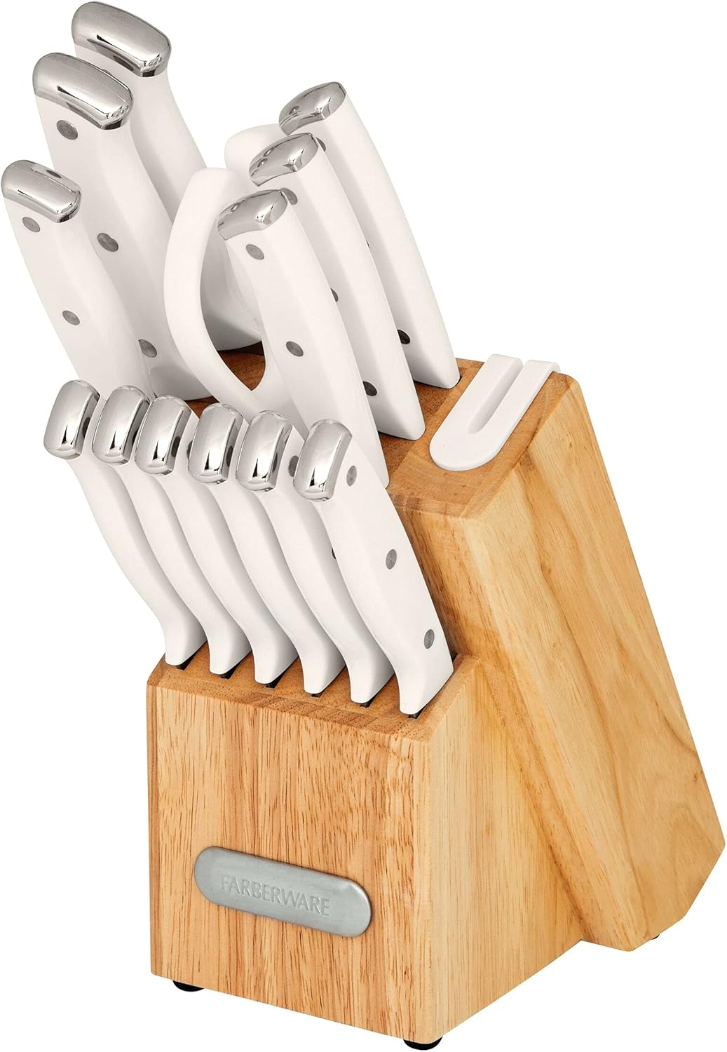 Farberware Edgekeeper Triple Riveted Knife Block Set with Built in Sharpener, 14-Piece, White