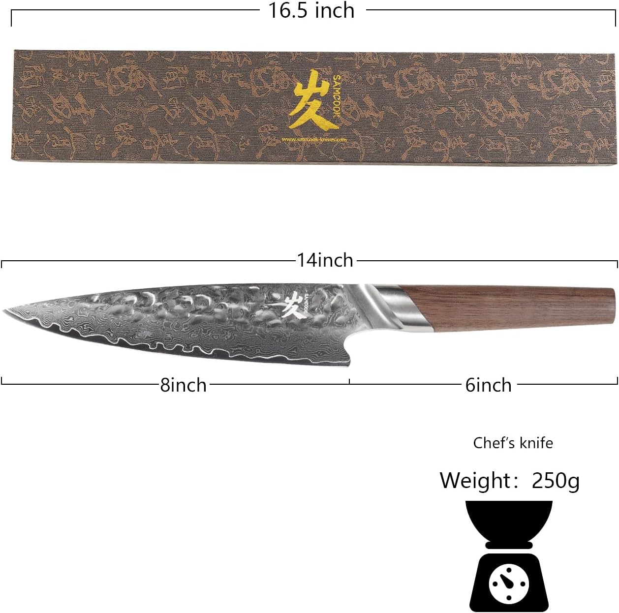 SAMCOOK Chef Knife,8 Inch Professional Sharp Hammered Damascus Knife,Japanese VG-10 High Carbon Stainless Steel Kitchen Gyuto knife,Ergonomic Black Walnut Handle with Premium Gift Box