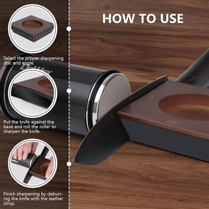 Knife Sharpener,Longer Rolling Knife Sharpener Kit,Diamond & Ceramic Knife Sharpening System with Leather Strop,4 Angle Guide, Replaceable Discs for All Kitchen Knives