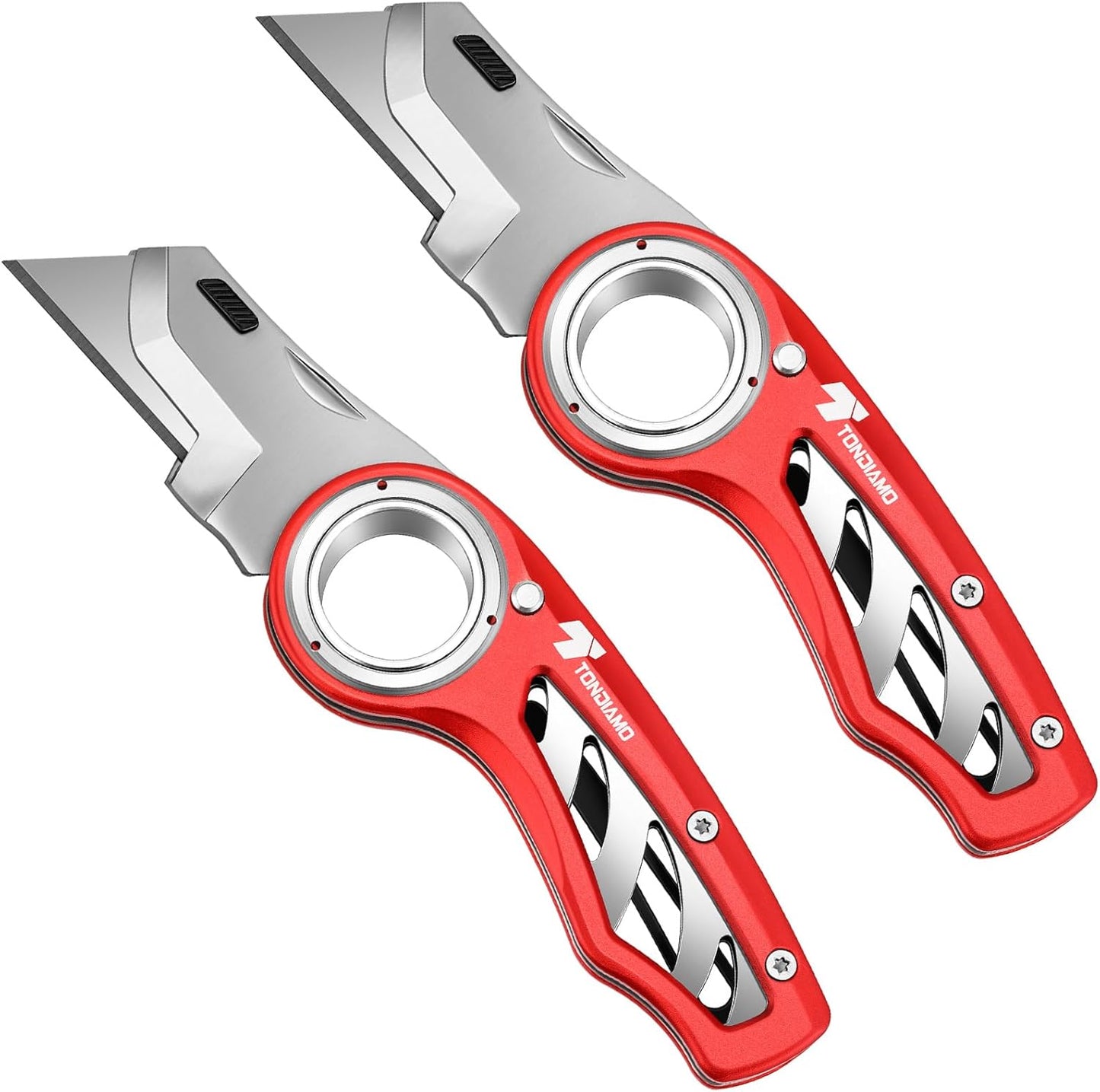 Tondiamo 4 Pcs Folding Pocket Utility Knife Heavy Duty Box Cutter Folding Razor Knife with Anti Slip Finger Loop Easy Change Blades 3 Lock Positions Design (Yellow,Red,Black,Green)