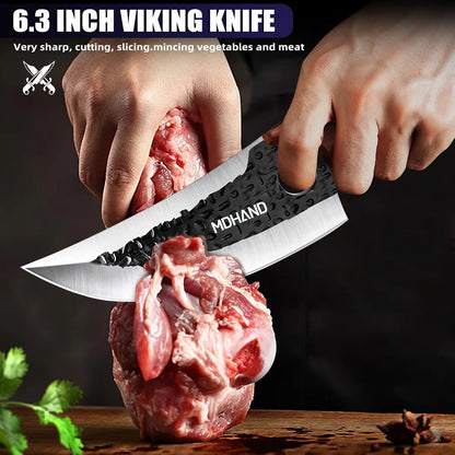 MDHAND Butcher Knife Set, 12PCS Hand Forged Serbian Chef Knife Set with Bag, High Carbon Steel Full Tang Kitchen Knives Set, Meat Cleaver & Boning Knife for Brisket Trimming BBQ Camping, Gift for Men