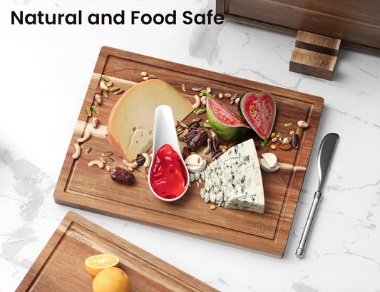Fibogollo Acacia Wood Cutting Boards for Kitchen(Set of 3),Wooden Chopping Boards Set with Juice Groove,Serving Board with Holder,Butcher Block for Meat,Vegetables,Fruit