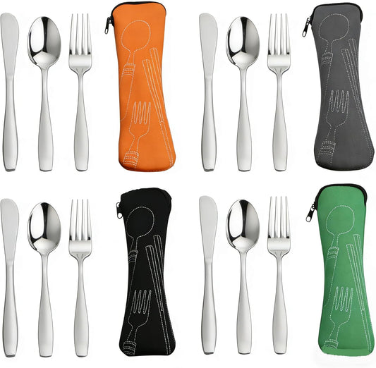 3-Piece Stainless Steel Picnic Cutlery, Portable Silverware Set for Work, Travel Utensil Set w/Case, 4-Pack
