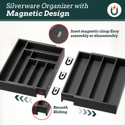 Silverware Organizer Large, Magnetic Connected Expandable 11 Slots Silverware Drawer Organizer From 21 to 37.4 Inches, Adjustable Flatware and Cutlery Holder, Bamboo Utensil Tray for Kitchen Natural