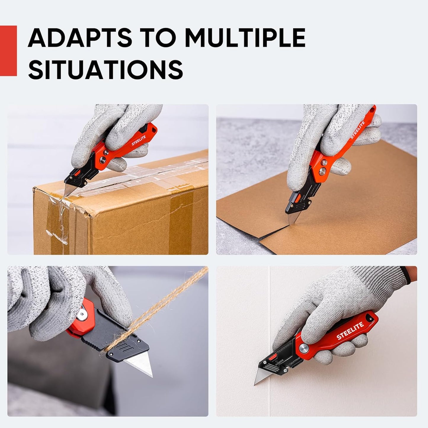 STEELITE Utility Knife Foldable, Box Cutter Heavy Duty Metal, Quick Open Botton Lock Razor Knife for Cartons, Rapes, Leather and Cardboard, Blades Storage Design with 13 Extra Blade, Red