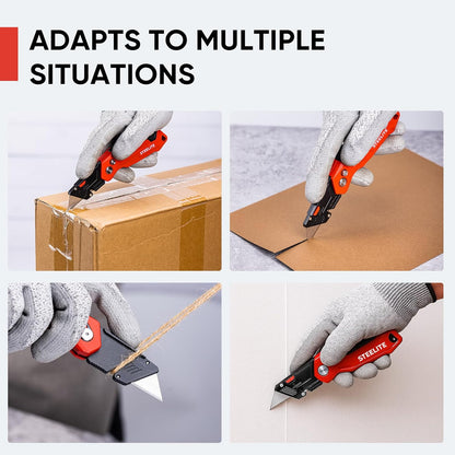 STEELITE Utility Knife Foldable, Box Cutter Heavy Duty Metal, Quick Open Botton Lock Razor Knife for Cartons, Rapes, Leather and Cardboard, Blades Storage Design with 13 Extra Blade, Red