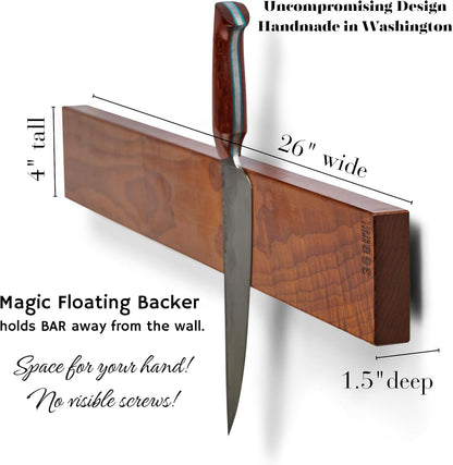 360KnifeBlock magnetic knife BAR - Guitar Wood - 2 Rows of Magnets, 'magic floating backer' w/level system, 2"screws - handmade in Washington (Guitar wood, 18" wide)