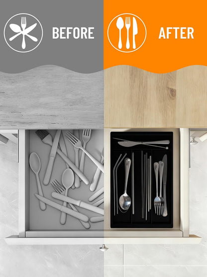 Silverware Drawer Organizer Tray, Adjustable Small Utensil Holder for Spoon and Fork, Expandable Flatware Cutlery Tray for Kitchen Drawers (Black)