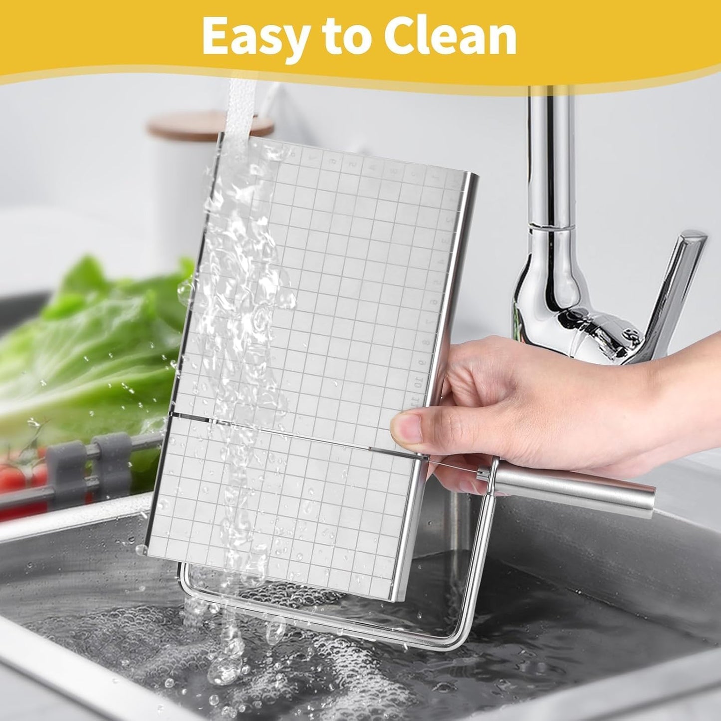 Cheese Slicer with Measuring Grids, Stainless Steel Metal Cheese Cutter and Cutting Board for Block Cheese, with 5 Replacement Extra Wires, Easy to Clean, Dishwasher Safe