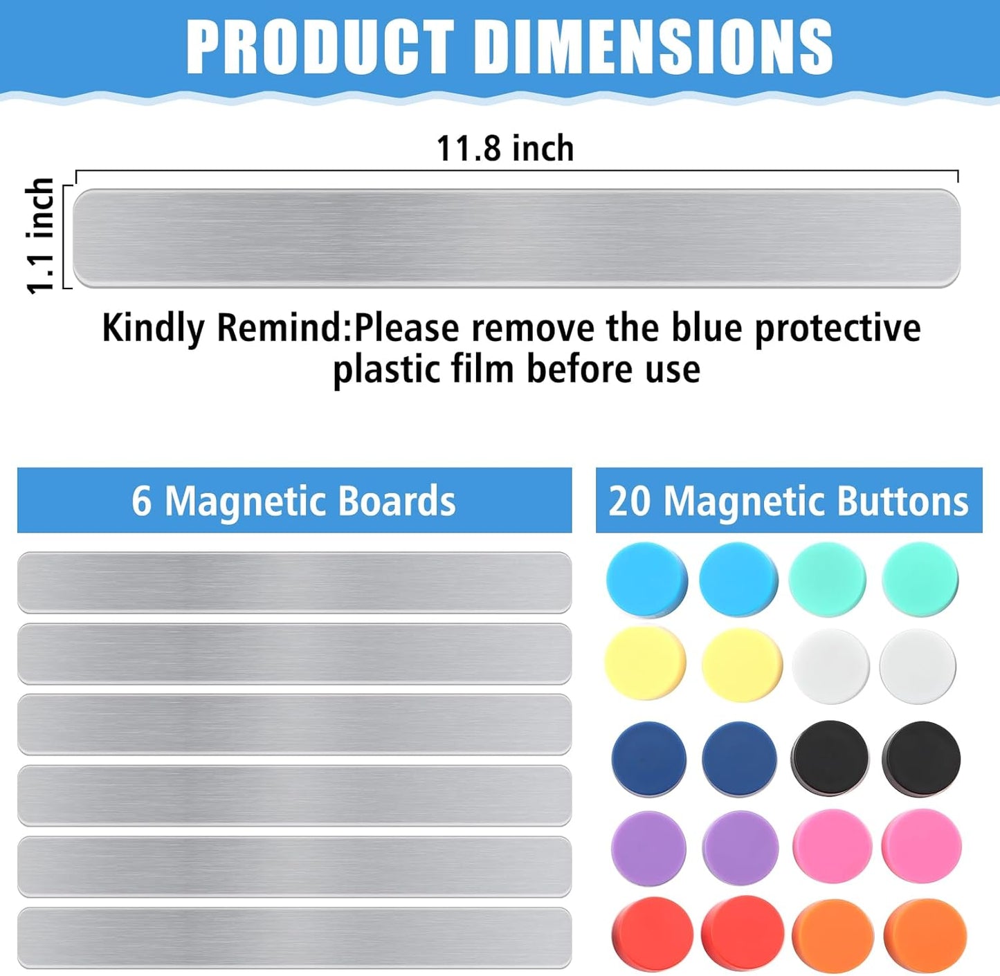 6Pcs Magnetic Strip, Metal Magnet Board with 20 pcs Colorful Magnet, Frameless Magnetic Strips with Adhesive Backing for DIY, Art Projects, whiteboards & Fridge