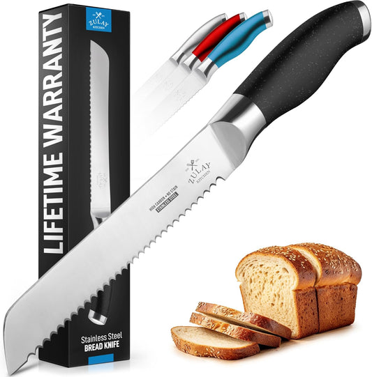 Zulay Kitchen Bread Knife for Homemade Bread – Ultra Sharp 13-Inch Stainless Steel Serrated Knife for Sourdough, Bagels – Wavy Blade Edge Cutter & Slicer with Sturdy Handle, Great Gift – Silver