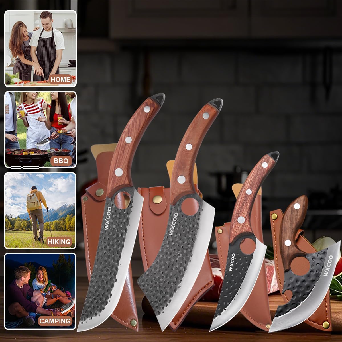 4PCS Hand Forged Kitchen Knife Set with Sheaths, High Carbon Steel Viking Butcher Knife Set, Serbian Chef Cleaver, Heavy Duty Boning Knife & Slicing Knife for Outdoor BBQ, Camping, Hunting