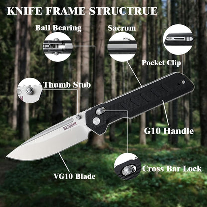Folding Pocket Knife 3.25" VG10 Blade EDC Folding Knife with Safety Axis Lock Black G10 Handle Hunting Camping Knife with Thumb Stud Opener