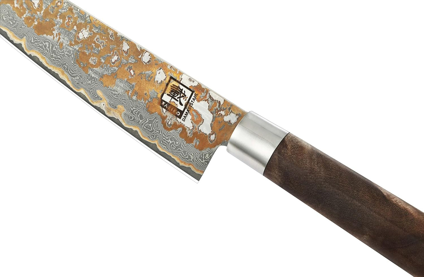 zayiko MysticMagma Nakiri Damascus Knife, 17 cm Blade made of 67 Layers of Damascus Steel with copper and bronze Inlay, DualCurve Handle made of maple root Wood, wooden Box