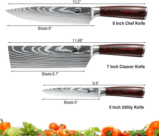 Dfito Kitchen Knife Set, 3 Pieces High Carbon Stainless Steel Chef Knife Set with Red Pakkawood Handle, Ultra Sharp Professional Chef Knives Sets for Home Cooking, Dishwasher Safe