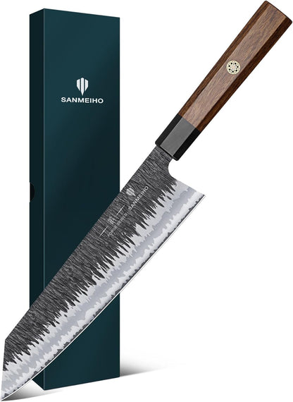 8 Inch Japanese Chef Knife, Hand Forged Gyuto Knife 9 Layers High Carbon 10CR15MOV Steel Kitchen Knife Ultra Sharp & Durable Professional Japanese Sashimi Knife with Ergonomic Rosewood Handle