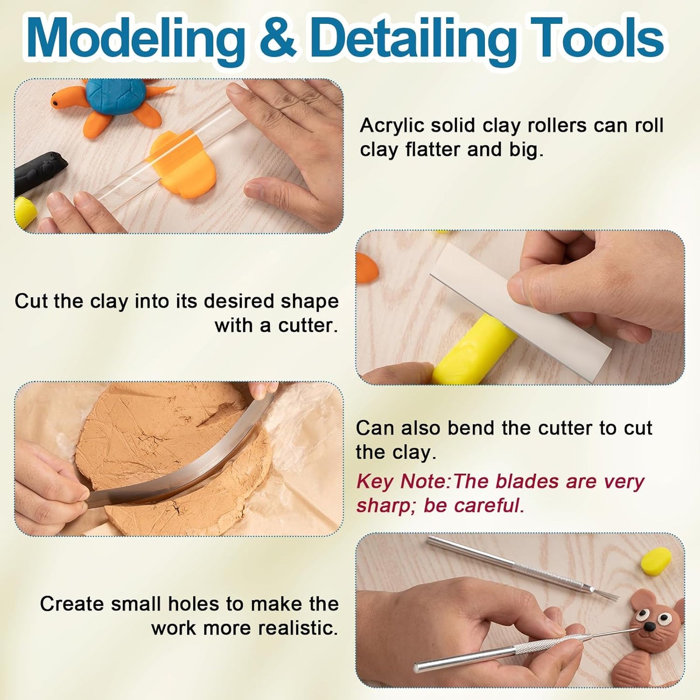 Amrules Clay Tools Kit, 12 PCS Polymer Clay Cutter Tools, Rectangle Shape Acrylic Press Board and Roller Pin Supplies Suitable for Shaping, Carving, Pottery Craft and DIY Projects