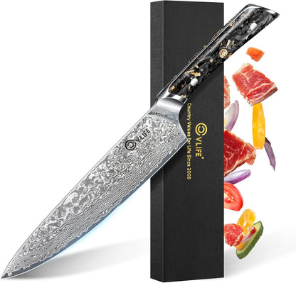 CVLIFE Chef Knife, 8 Inch Damascus Steel with Japanese High Carbon 10Cr15Mov Core, Full Tang Ergonomic Handle for Balance & Control, Razor Sharp Kitchen Utility Knife for Cooking with Sheath & Box