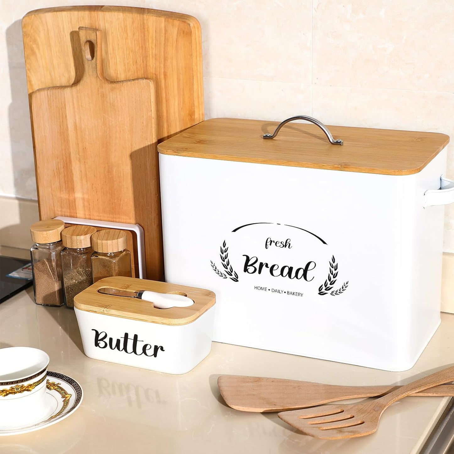 Qinyoung 2 Pcs Large Bread Box Set for Kitchen Countertop with Ceramic Butter Dish Holder Bamboo Lid Knife Metal Bread Holder Farmhouse Kitchen Storage Container for Home Housewarming Gift(Grey)
