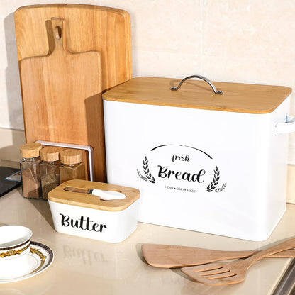 Qinyoung 2 Pcs Large Bread Box Set for Kitchen Countertop with Ceramic Butter Dish Holder Bamboo Lid Knife Metal Bread Holder Farmhouse Kitchen Storage Container for Home Housewarming Gift(Grey)