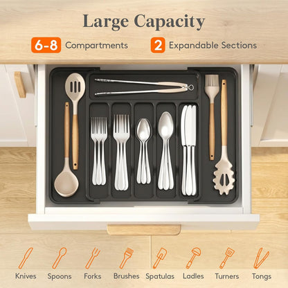 Lifewit Adjustable Silverware Drawer Organizer, Expandable Utensil Tray for Kitchen Drawers, BPA Free Plastic Flatware Holder for Spoons Forks Knives, 12"-19.1" x 13.8", Black