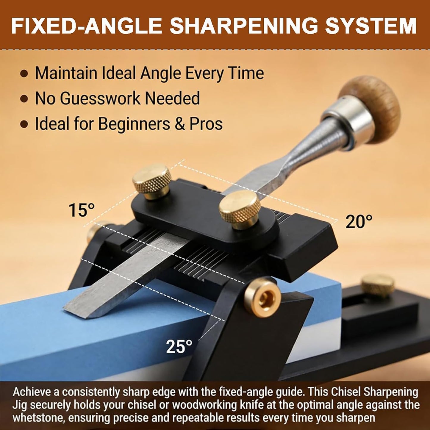 Chisel Sharpening Jig, Honing Guide Kit, Adjustable Fixed Angle Sharpener with Precision Grinding Frame, Whetstone Honing Set for Woodworking Chisels and Planes
