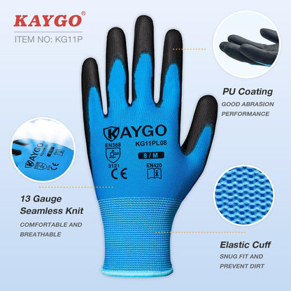 KAYGO Work Gloves for Men and Women,12 Pairs Seamless Knit PU Coated Safety Gloves, with Smooth Grip on Palm and Fingers, Ideal for Light Warehouse, Manufacturing, Gardening, KG11P (M, Black)