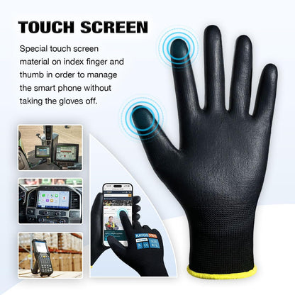KAYGO Work Gloves for Men and Women,12 Pairs Seamless Knit PU Coated Safety Gloves, with Smooth Grip on Palm and Fingers, Ideal for Light Warehouse, Manufacturing, Gardening, KG11P (M, Black)