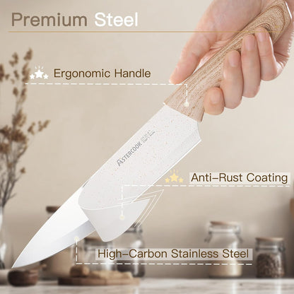 Astercook Knife Set, 13 Pieces Kitchen Knives Set with Ceramic Coating, Stainless Steel Chef Knife Sets with 6 Blade Guards, Dishwasher Safe Knives with Wooden Handle, White Mothers Day Gifts