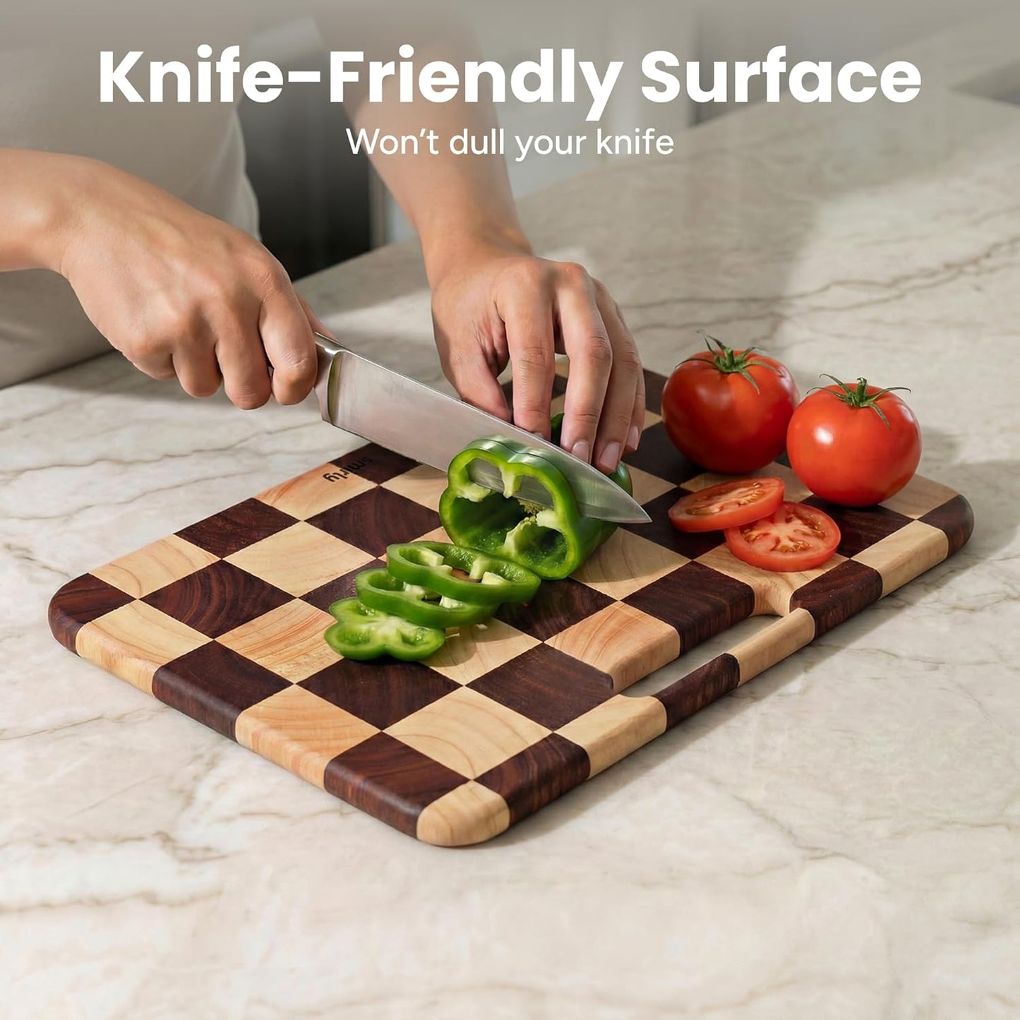 SMIRLY Wooden Cutting Boards for Kitchen, Double-Sided Cutting Board with Handle, Heavy Duty Solid Acacia Wood Cutting Board Set with Stand, 3 Pcs Cutting Boards Non Toxic for Meat Vegetable Fruit