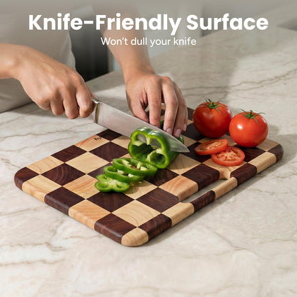 SMIRLY Wooden Cutting Boards for Kitchen, Double-Sided Cutting Board with Handle, Heavy Duty Solid Acacia Wood Cutting Board Set with Stand, 3 Pcs Cutting Boards Non Toxic for Meat Vegetable Fruit