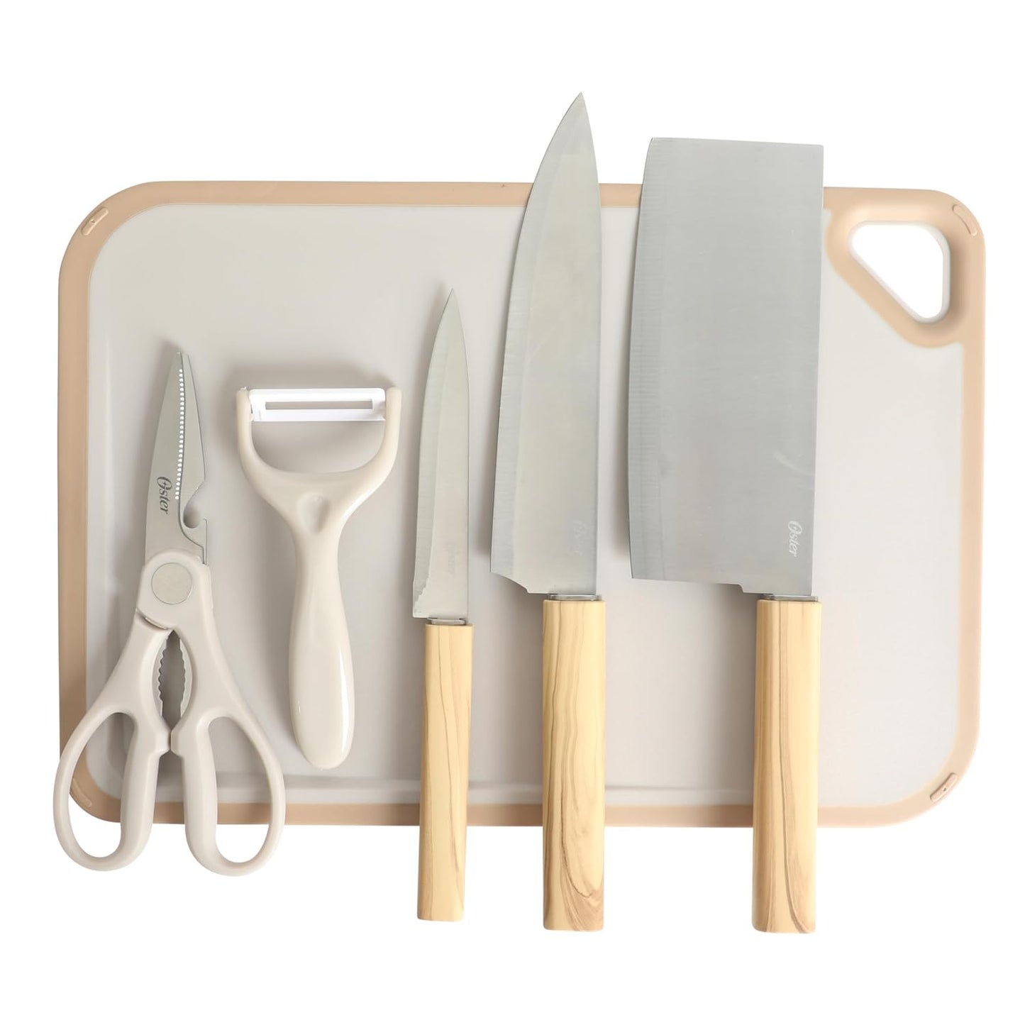 Oster Evansville 14 Piece Cutlery Kitchen Knife Block Set, Stainless Steel w/Linen White Handles - Cuchillos Para Cocina