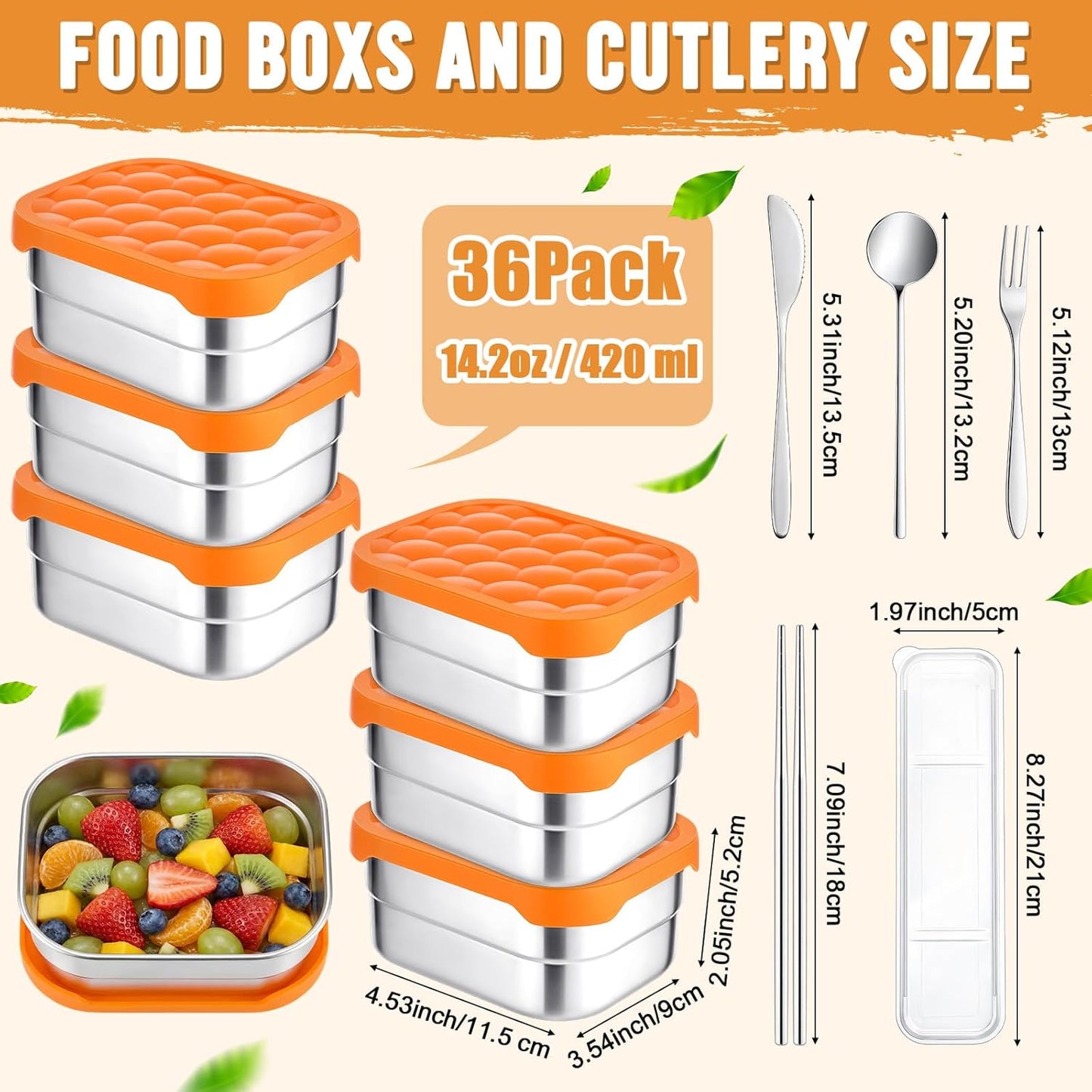 36 Pcs Stainless Steel Containers with Silicone Lids 14 oz Reusable Food Snack Containers Easy Open Lunch Box Include Chopsticks Knife Fork Spoon with Case for Travel Meal Prep Food Storage