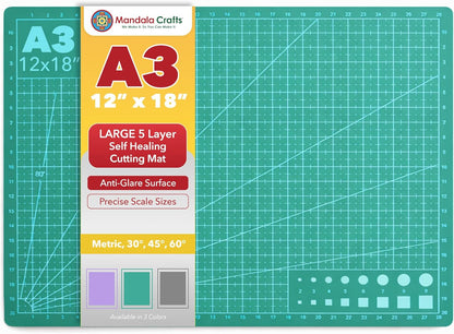 Mandala Crafts Self-Healing Cutting Mat Set – 12" x 18" A3 Green Double-Sided 5-Ply Mat with Fabric Cutter, Quilt Ruler & Craft Knife for Sewing, Quilting, Leather & Scrapbooking