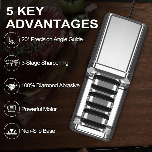 Knife Sharpener Electric – Professional 3-Stage 100% Diamond Sharpening System with 20° Precision Angle, Fast Blade Restoration, Polishing, Repair & Edge Refining for Kitchen & Outdoor Knives
