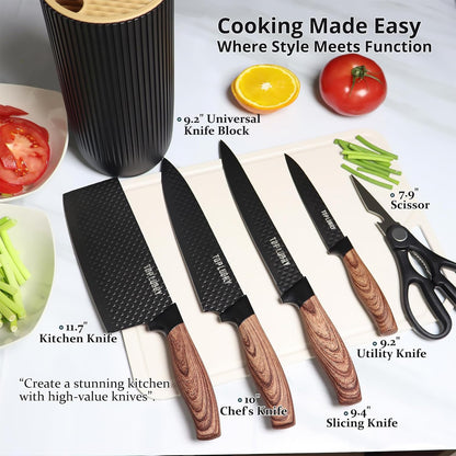 Black Professional 6-Piece Knife Set with Ultra Sharp Stainless Steel Blades and Universal Block