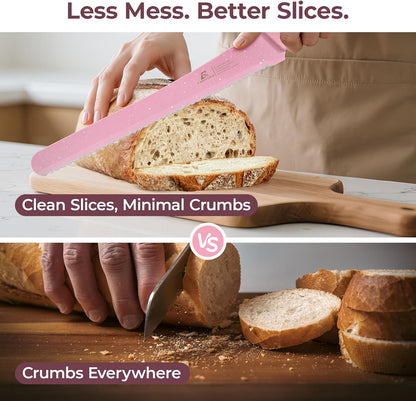CoquusAid Upgrade Bread Knife for Homemade Bread, World‘s 1st Double Serrated Knife for Crusty Sourdough, 11.6 Inch Stainless Steel Bread Slicer, Professional Sourdough Cutter, Ideal for Gift, Pink