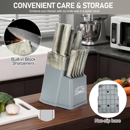 16-Piece Kitchen Knife Block Set with Cutting Board - German Stainless Steel Knives, Built-In Sharpener, Dishwasher Safe, Anti-Slip Handle - All-in-One Cutlery Set for Home/Kitchen (Cyan)