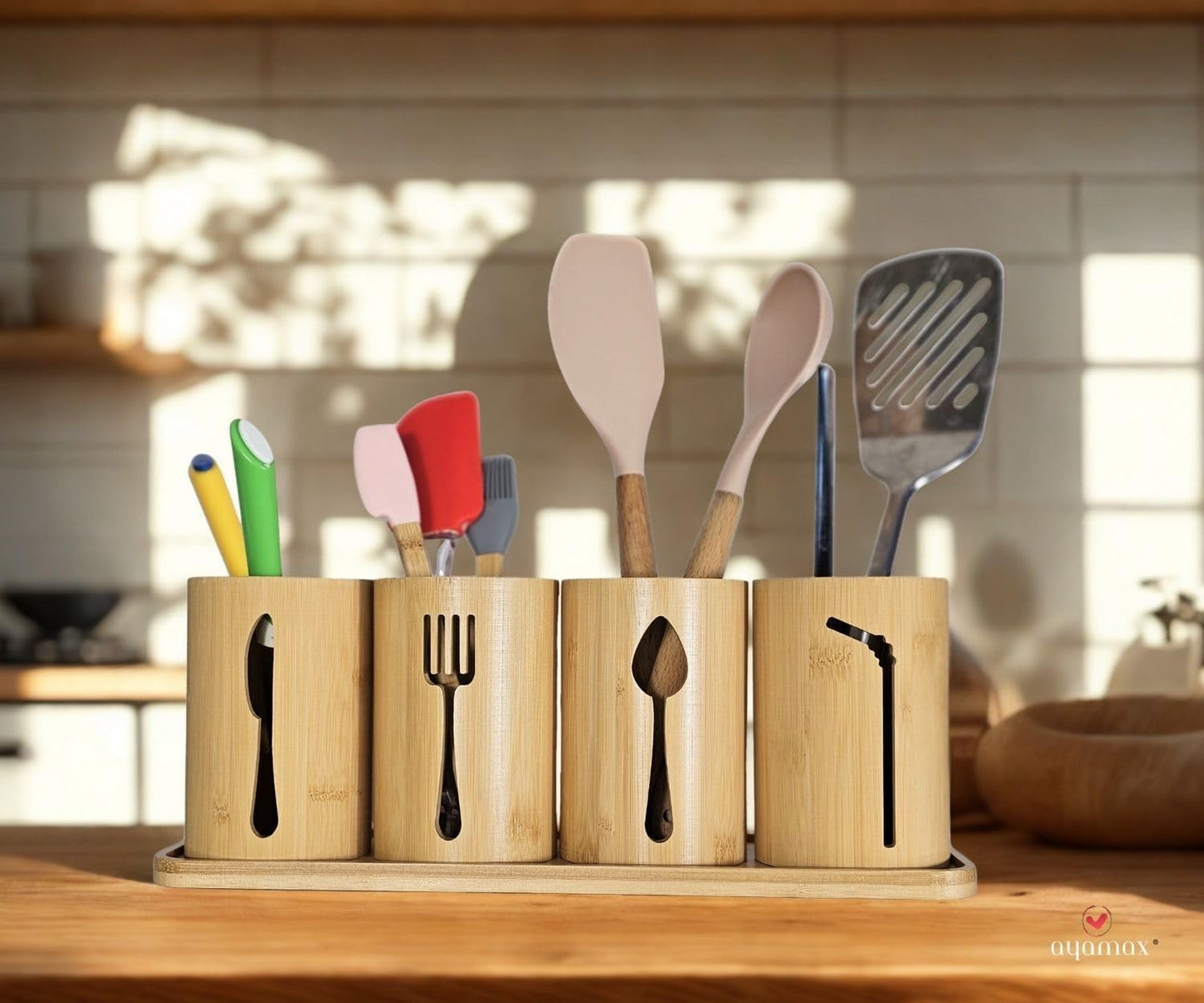 Bamboo Cutlery Holder Set - 3 Kitchen Utensils Holder Organiser with Bamboo Tray | Decorative Kitchen Countertop Stand | Knife, Fork and Spoon Holders