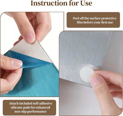 Stainless Steel Cutting Board with Lip, 16 x 12 Inches Kitchen Chopping Board for Countertop, Double-Sided Food-Grade Metal Cutting Board, L-Shaped Edge Chopping Mat for Kitchen Prep & Baking