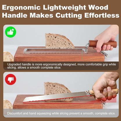 Sourdough Bread Slicer for Homemade Bread, Stainless Steel Serrated Bread Knife with Wooden Handle and 6 Precise Scale Markings, Manual Bread Slicer Cutter, Bread Bow Knife