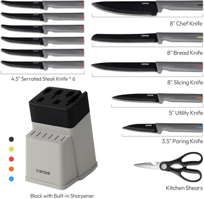 CAROTE 14Pcs Kitchen Knife Set, Stainless Steel knife set with ABS Block, Rustproof Cutlery with Ceramic Surface, 6 Steak Knives