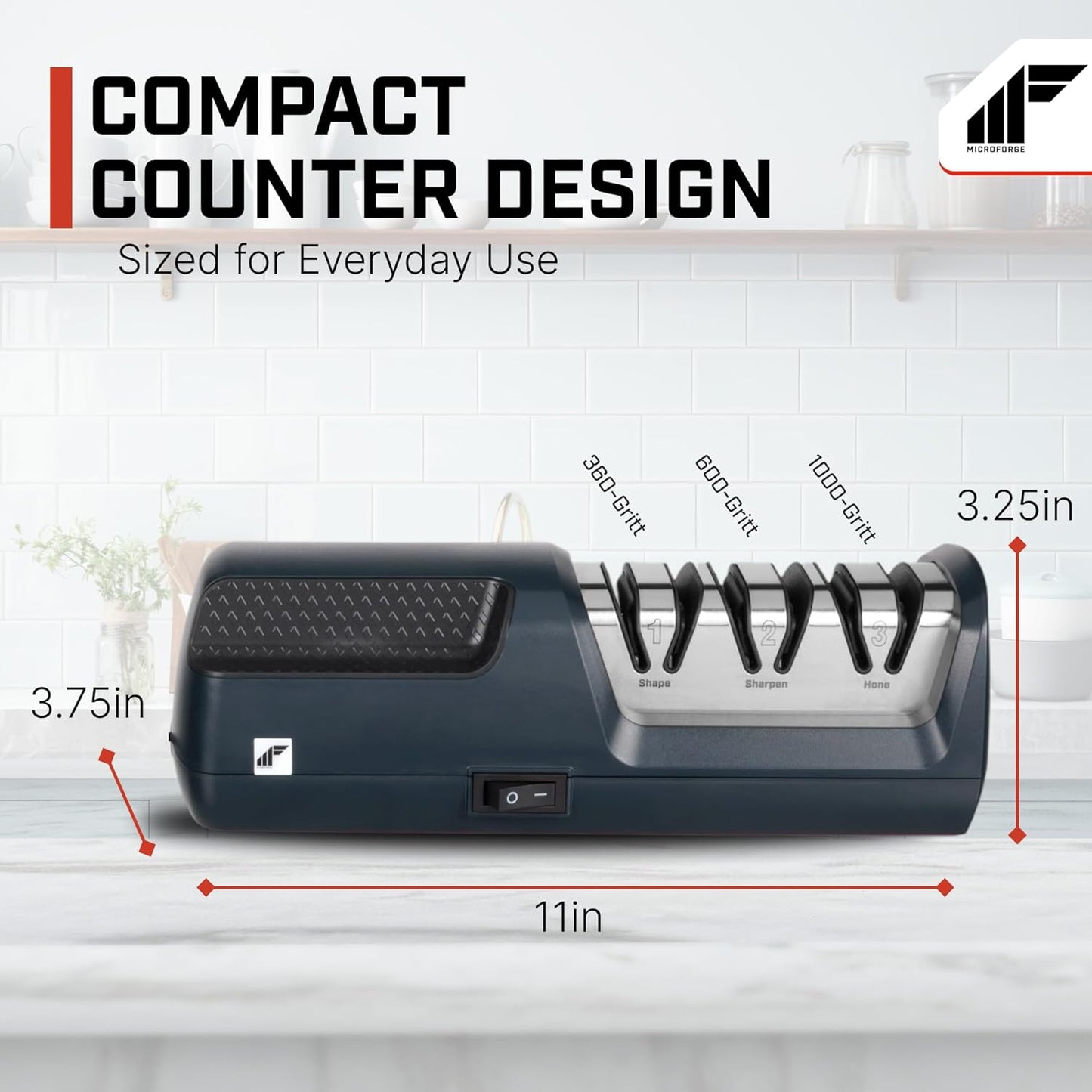 MF-855 - Electric Knife Sharpener for Home Kitchens - Three-Stage 360, 600, 1000 Grit Diamond Resin Sharpening and Honing