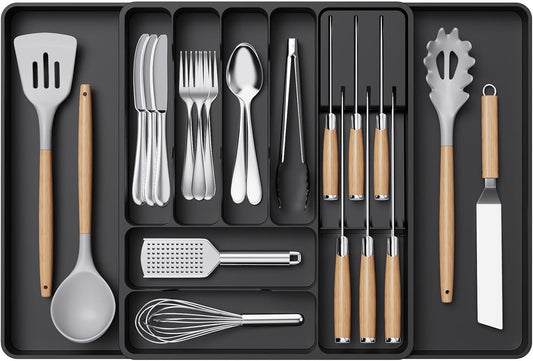 Lifewit Silverware Organizer for Kitchen Drawers, Expandable Utensil Tray with Removable Knife Block, Adjustable Cutlery and Flatware Holder, Plastic Spoon Forks Holder Storage Divider, Gray