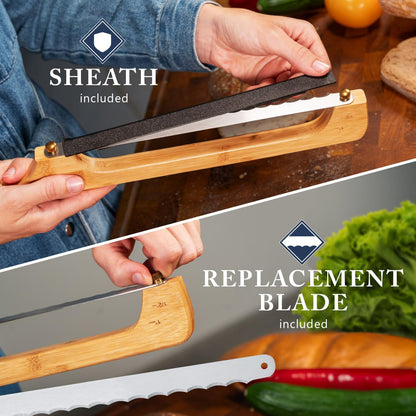 Albert&Grace Adjustable Bread Bow Knife - Sourdough Bread Slicer with Serrated Stainless Blade, Extra Replacement Blade & Sheath, Easy Thumb-Screw Swap, Right- or Left-Handed Use, Gift for Bakers