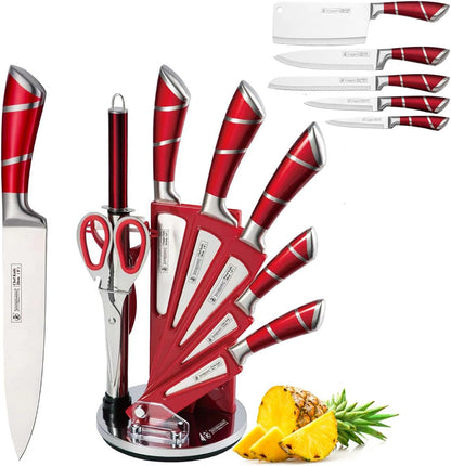 Elegant Purple 9-Piece Kitchen Knife Set with Acrylic Block,Non Stick Sharp Stainless Steel Chef Knives with Sharpener,Gift Ready Cutlery Set for Women