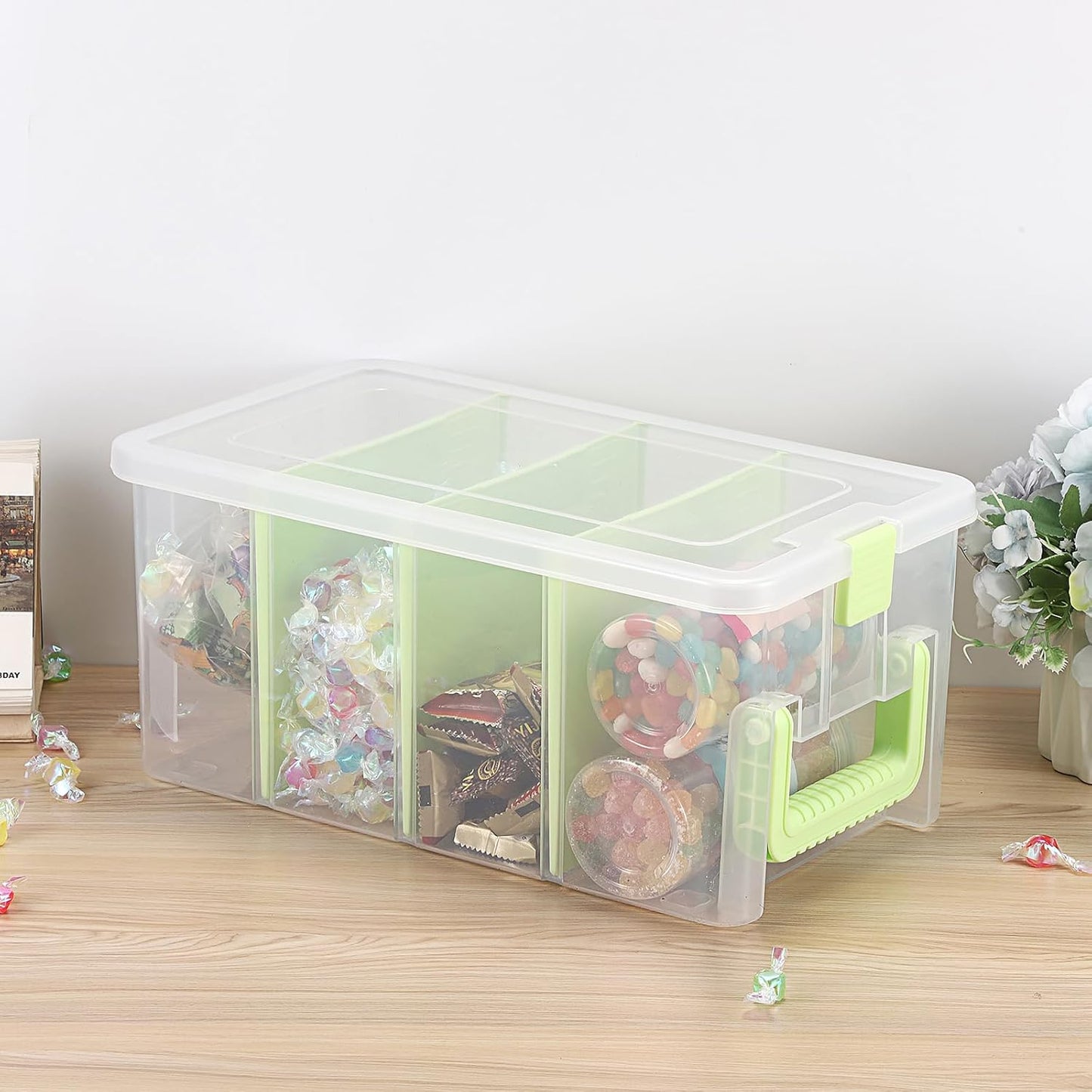 BTSKY Clear Plastic Dividing Storage Box with 4 Compartments Adjustable Storage Bin with Lid Plastic Craft Storage Container Multipurpose Sewing Box Art Supply Organizer, 13.3x8.1x3.4 Inches