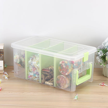 BTSKY Clear Plastic Dividing Storage Box with 4 Compartments Adjustable Storage Bin with Lid Plastic Craft Storage Container Multipurpose Sewing Box Art Supply Organizer, 13.3x8.1x3.4 Inches